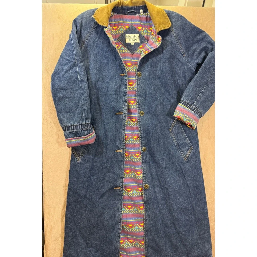 Monica Gray Vintage Denim Duster Coat Southwestern Print Lining Corduroy Collar